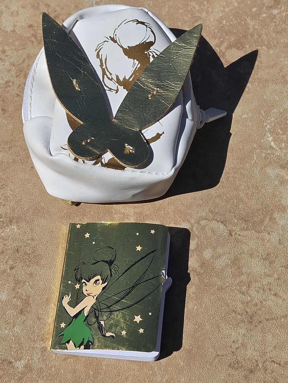 White and Gold Tinker Bell Mini Backpack Pouch With Mini Notebook